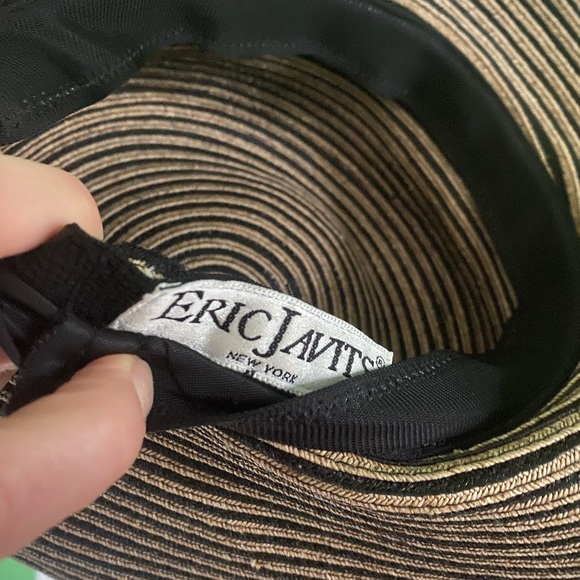 Eric Javits Wide Brim Straw Sun Hat with Black and beige stripes - Picture 6 of 6